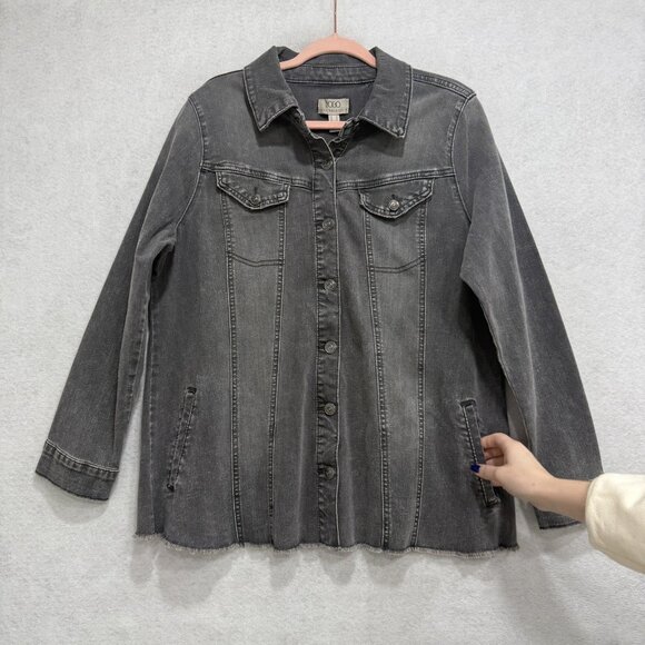 LOGO Lori Goldstein Longline Jacket Womens 14 Gray Denim Button Front Raw Hem - Picture 7 of 9